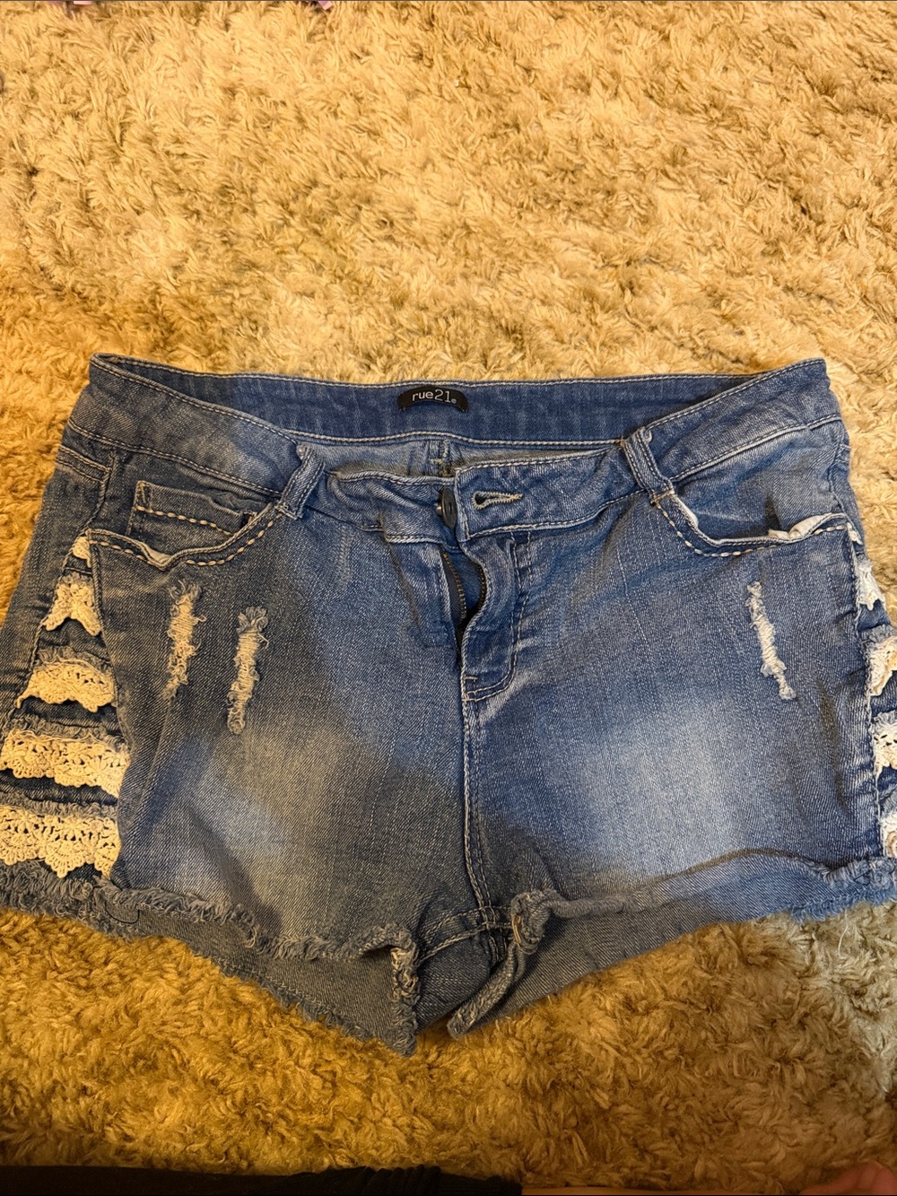 Rue21 Blue Distressed Denim Shorts with Lace Panels